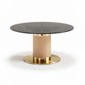 Round dining table with black glass top and gold metal base 100 x 100 x 75cm