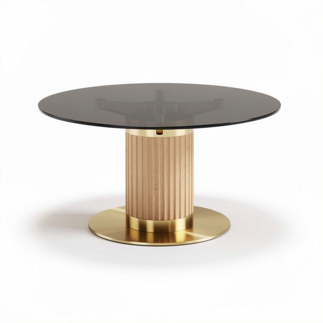 Round dining table with black glass top and gold metal base 100 x 100 x 75cm