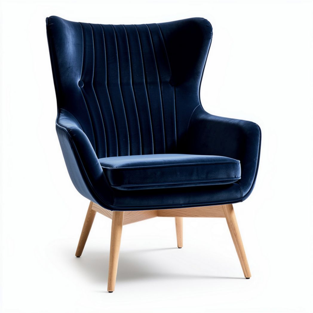 Velvet accent chair with wooden legs in navy blue 75 x 80 x 100cm