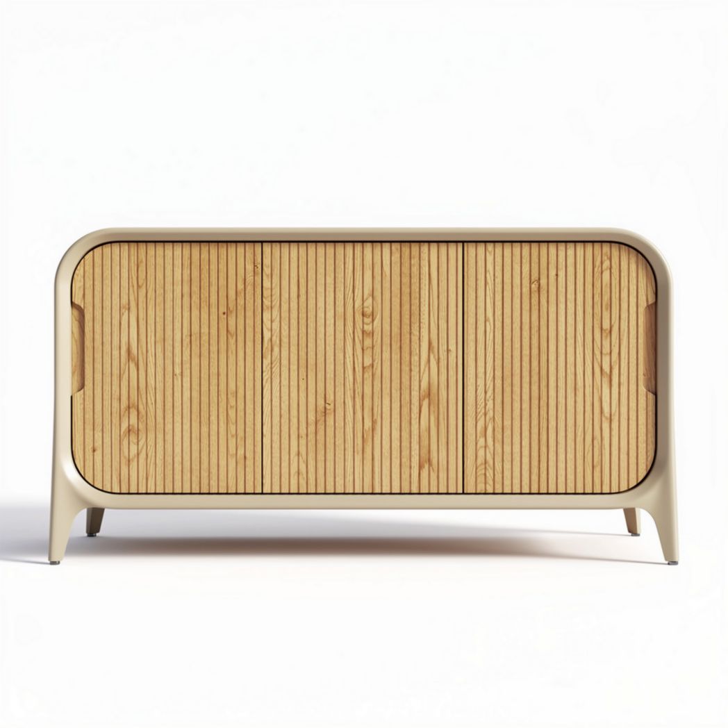 Wooden storage cabinet with slatted front and beige frame 90 x 45 x 65cm