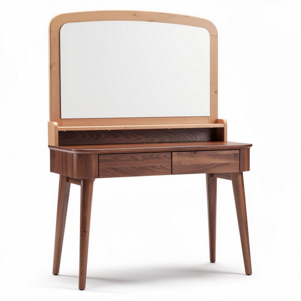 Wooden vanity table with mirror and two storage drawers natural finish 100 x 80 x 40cm