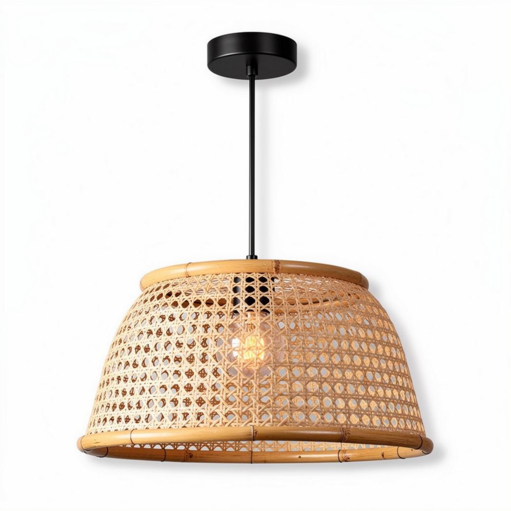 Rattan woven ceiling pendant lamp with black metal fitting 30 x 30 x 20cm