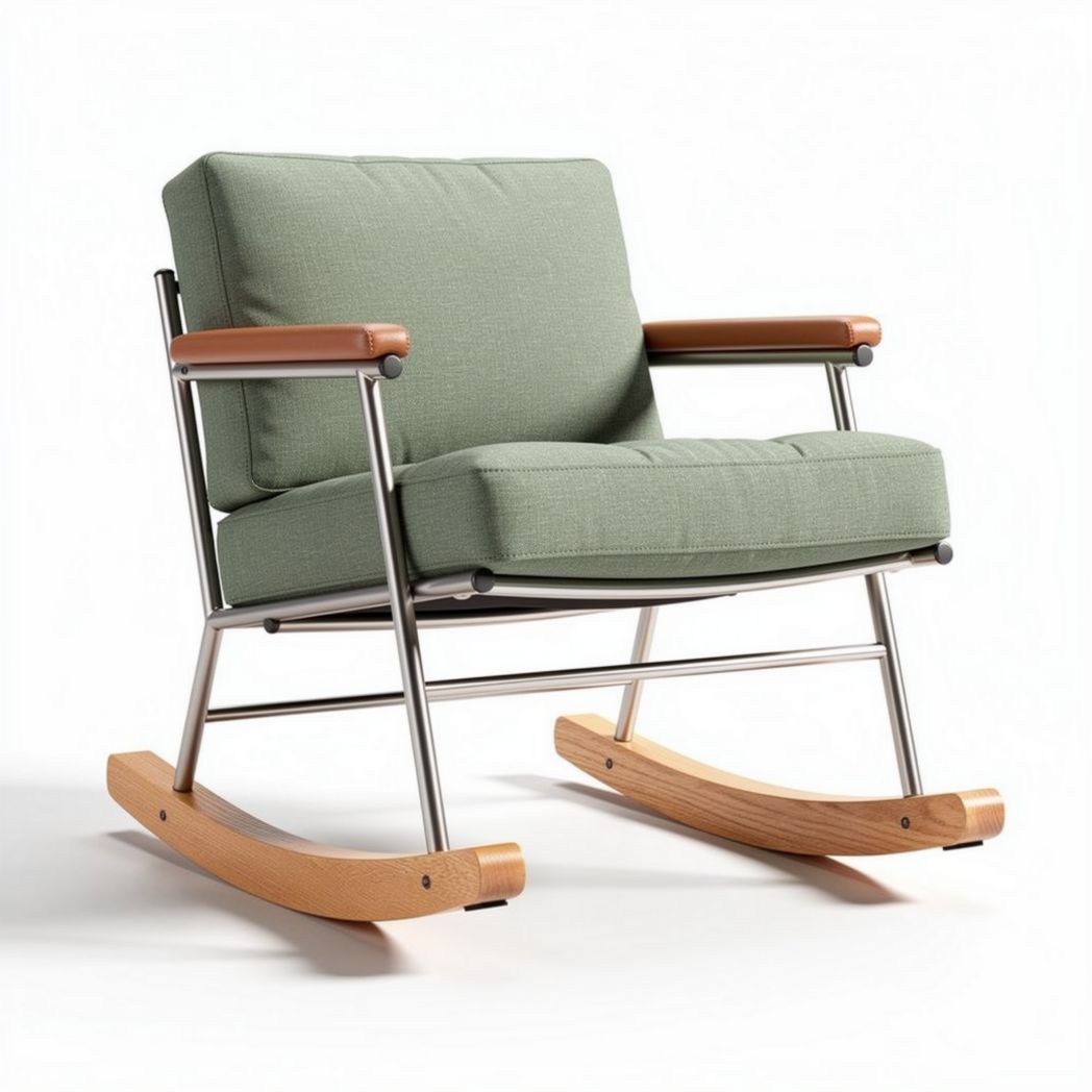 Rocking chair with fabric cushion and wooden armrests in green color