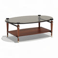 Oval glass top coffee table with wooden base and lower shelf 120 x 70 x 45cm