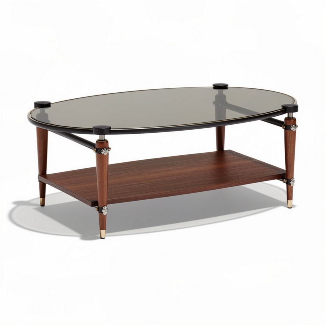 Oval glass top coffee table with wooden base and lower shelf 120 x 70 x 45cm