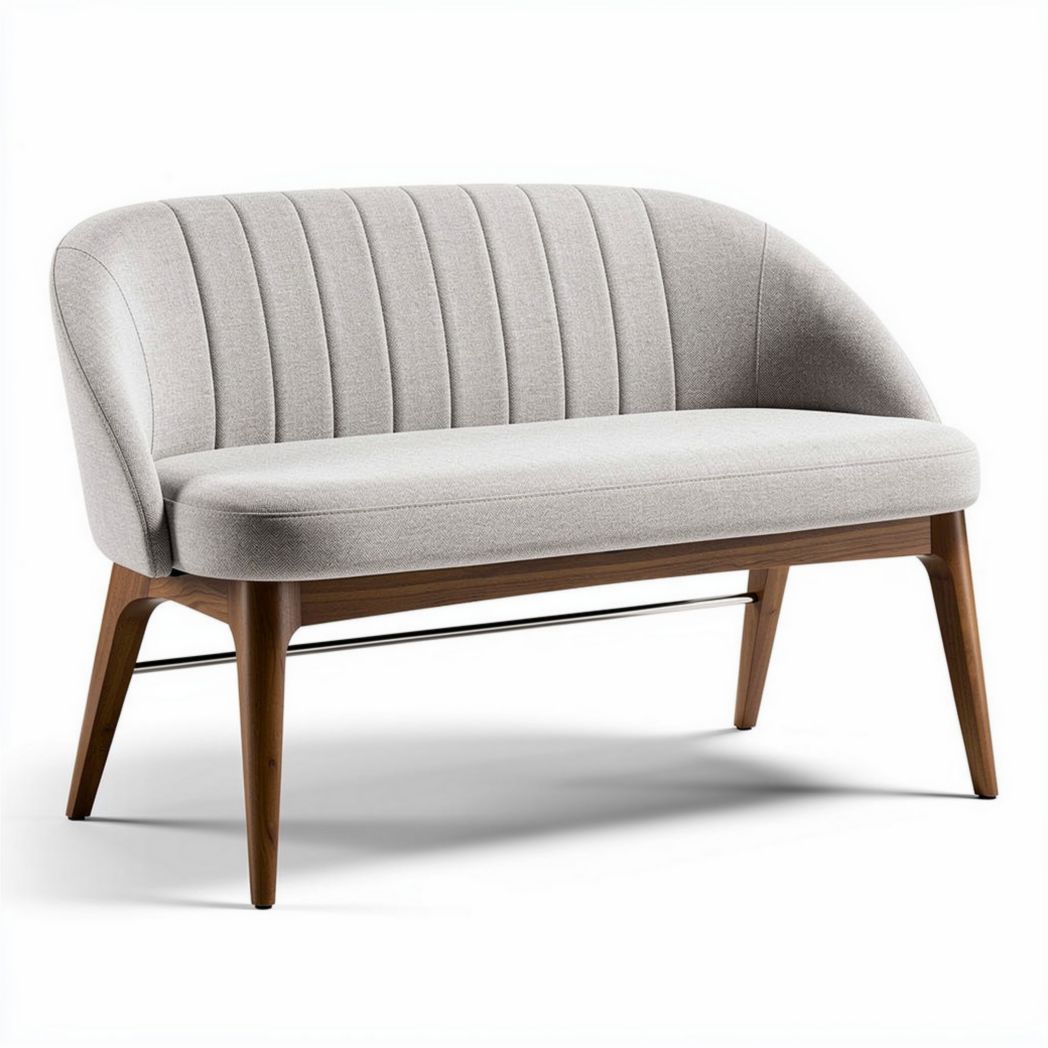 Upholstered gray loveseat with wooden legs and curved back design 150 x 70 x 80cm